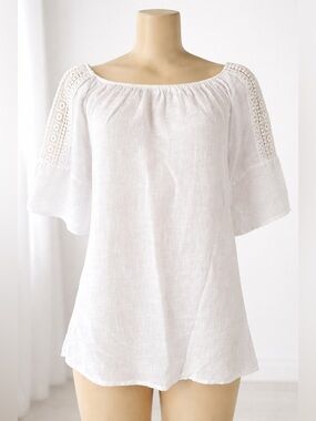 Terzo Millennio Italian Linen Peasant Blouse Off Shoulder Boho Lace Trim White L